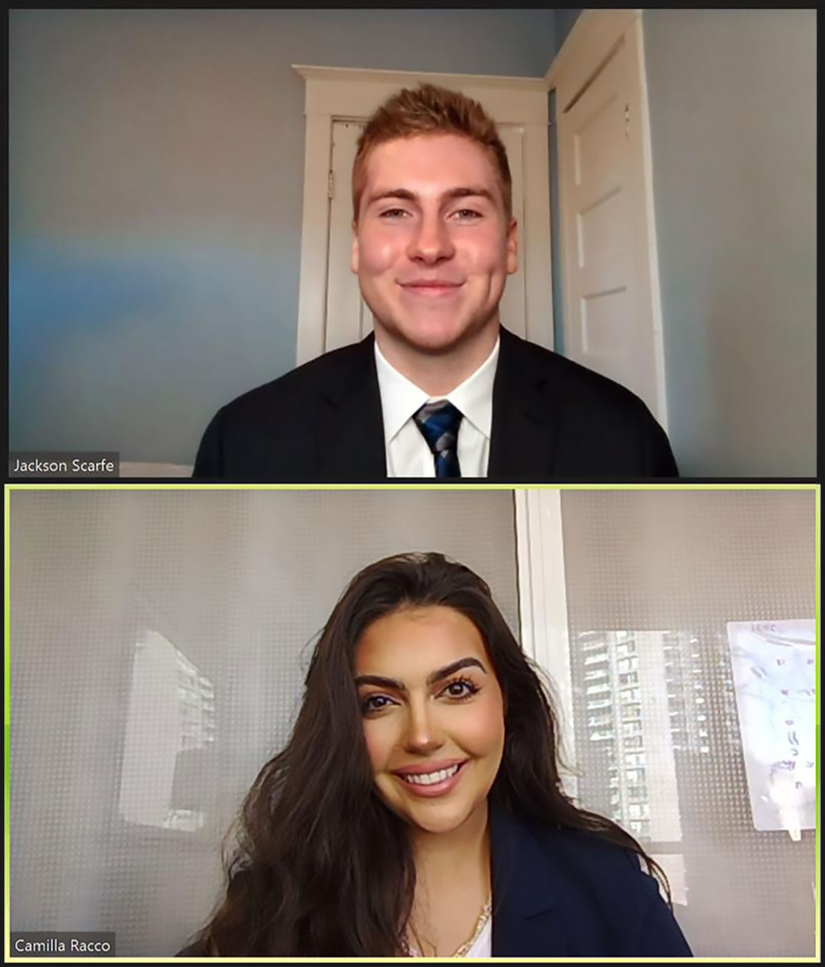Screenshot of a video call between Jackson Scarfe and Camilla Racco