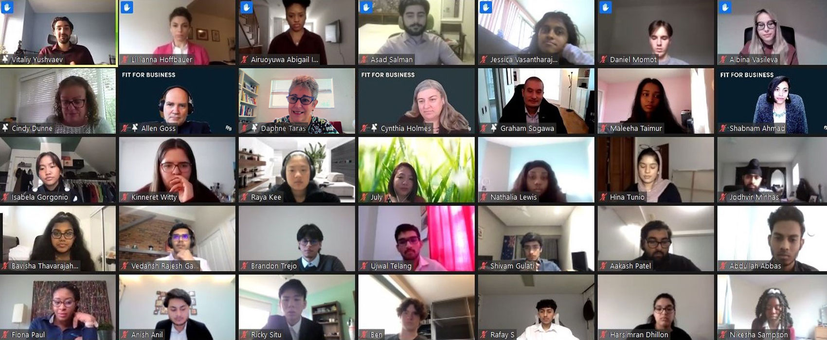 Screenshot of a video call with students, faculty and staff