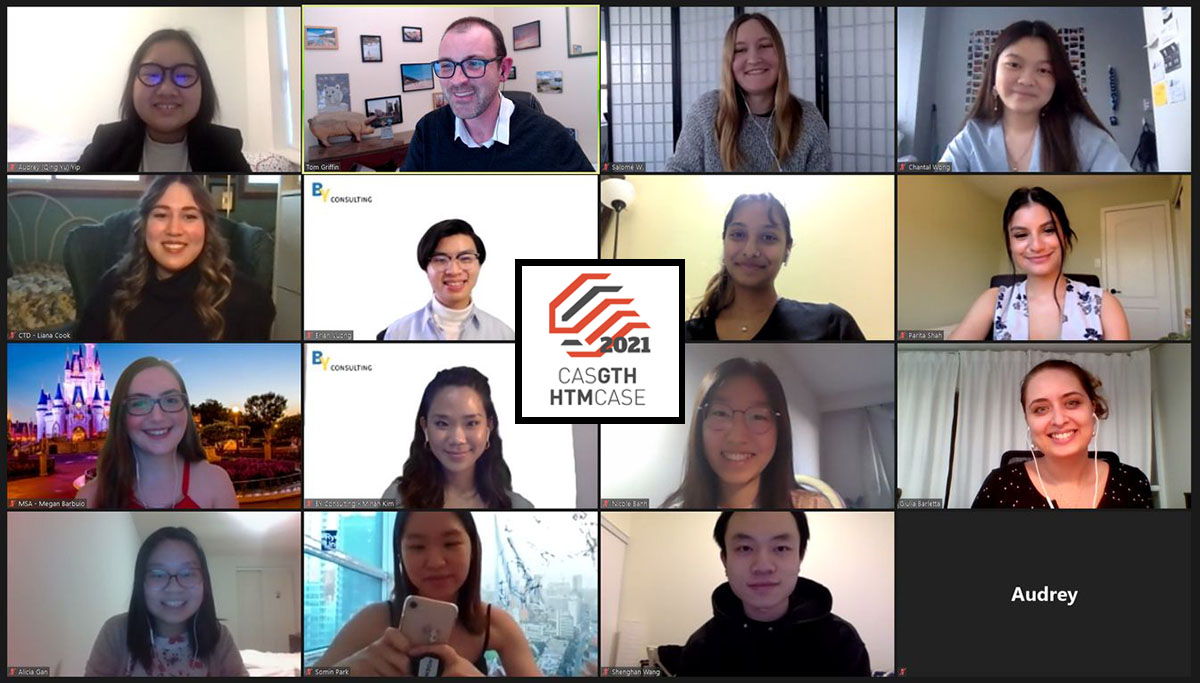 Screenshot of a video call with students who competed in the 2021 HTM Case Competition