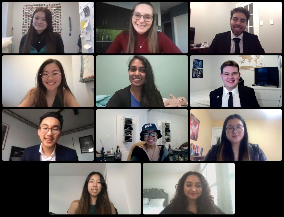 Screenshot of a video call with members of the Ted Rogers Students' Society